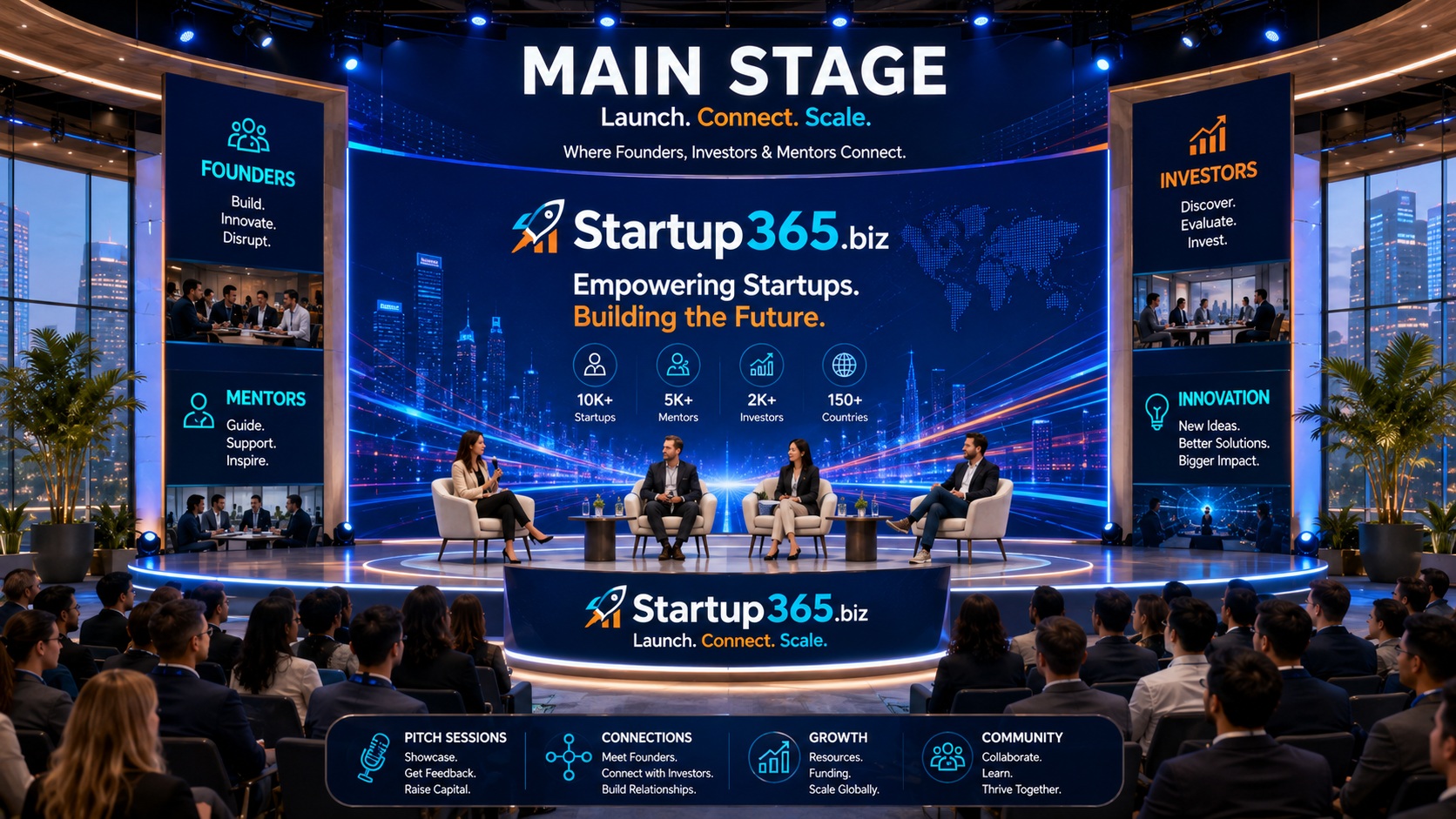 Startup365 AI Startup Demo Day main stage with founders, investors and mentors on stage before a live audience